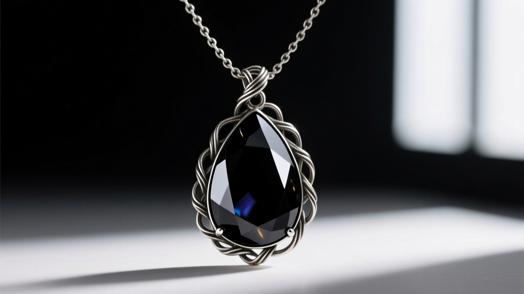 Close-up of a Yennefer necklace replica featuring a faceted black onyx teardrop set in oxidized silver wire against dark velvet.