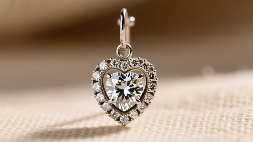 Macro photo of a vintage platinum earring with a 3-carat heart-cut diamond suspended from an articulated diamond pave link setting