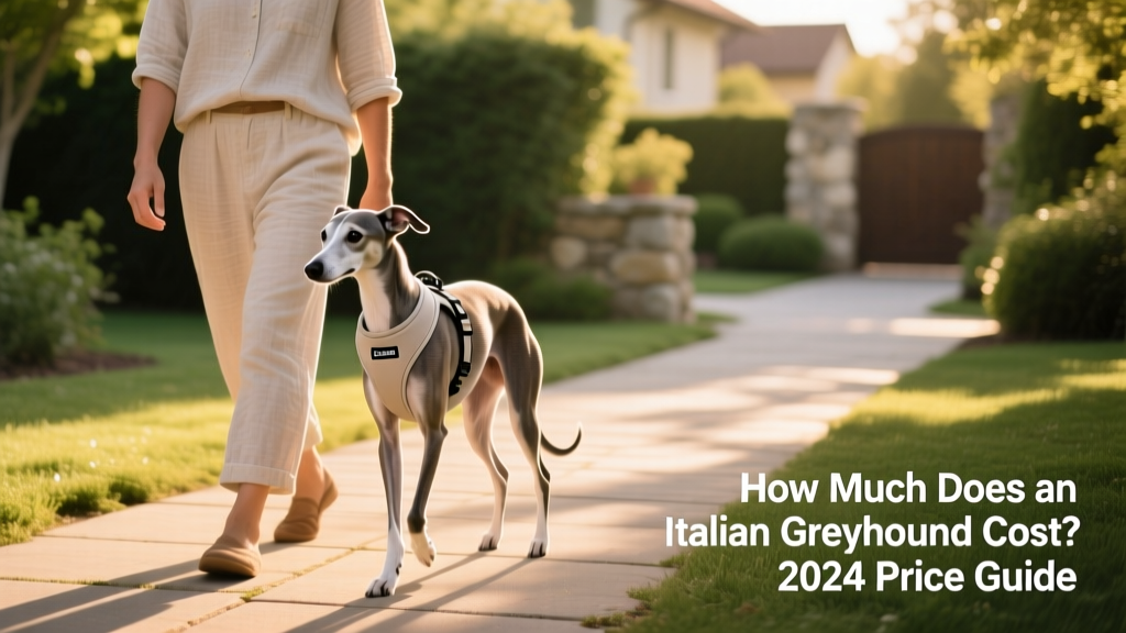 An Italian Greyhound wearing a soft harness and walking calmly beside its owner on a paved path