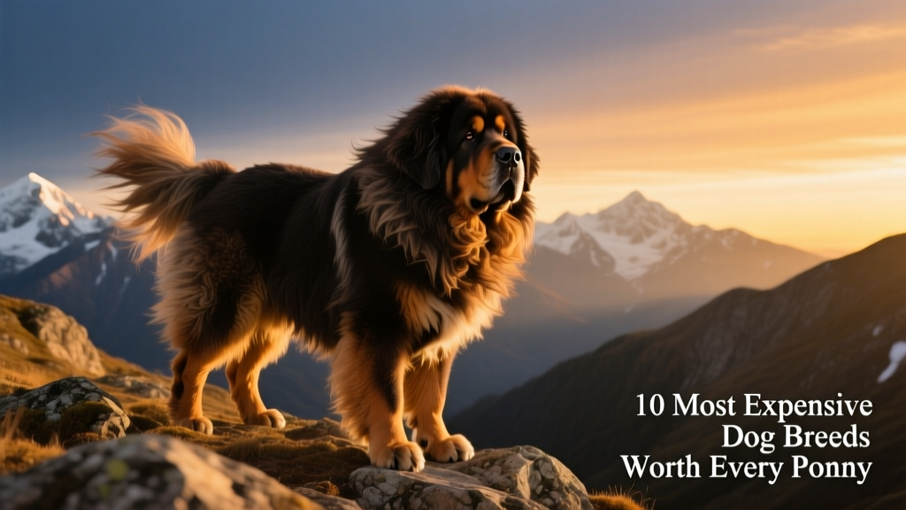 A majestic Tibetan Mastiff standing alert on a rocky mountainside at sunrise, fur blowing in the wind