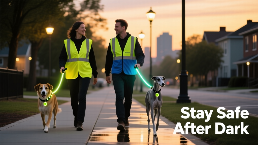 Two people walking dogs at twilight on a well-lit sidewalk, both wearing reflective vests and holding illuminated leashes