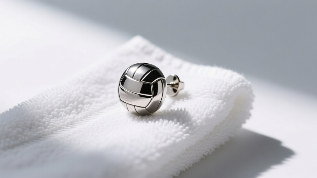 Macro shot of a titanium volleyball stud earring on a white towel, illuminated by bright natural window light from the left side.