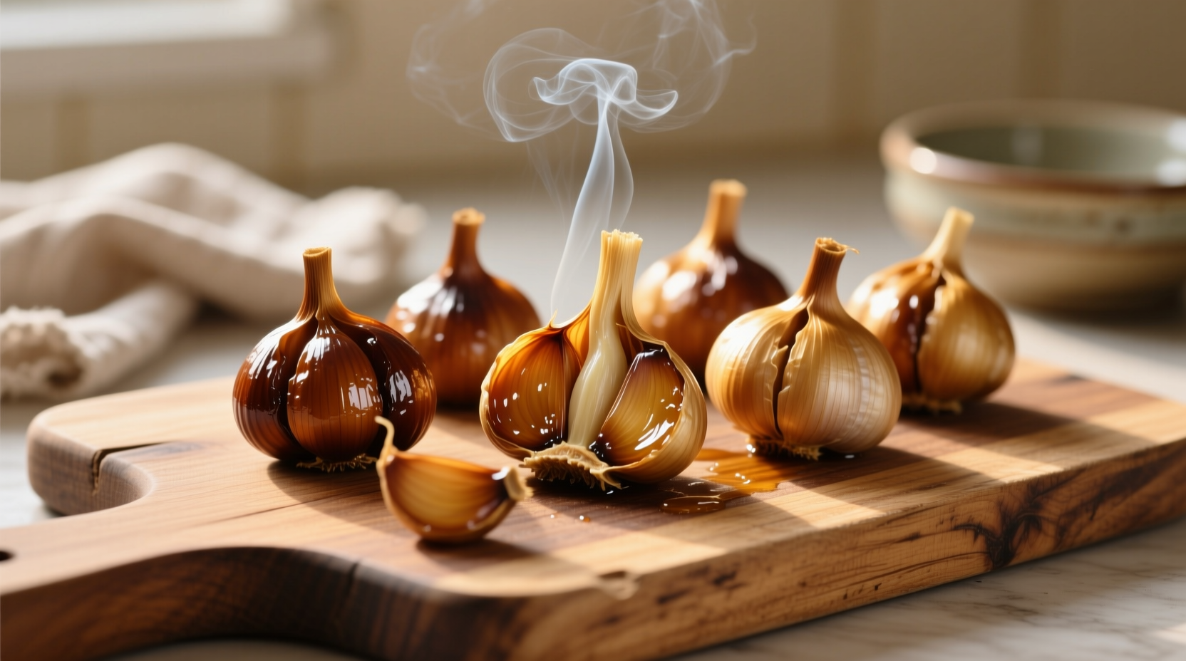 Golden brown smoked garlic cloves arranged on wooden cutting board