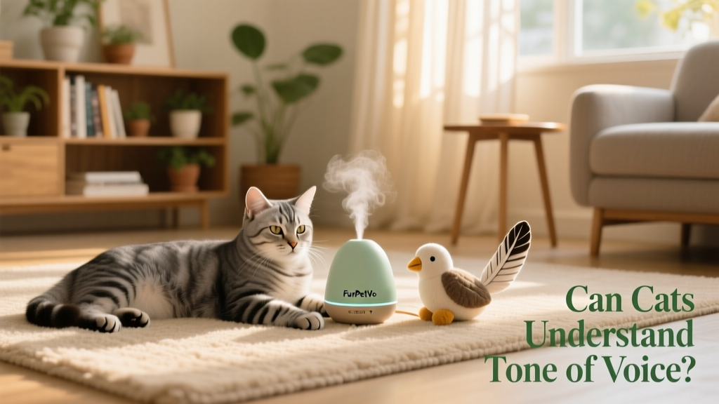 A serene indoor space with a cat resting peacefully near a FurPetVo calming diffuser and plush toy