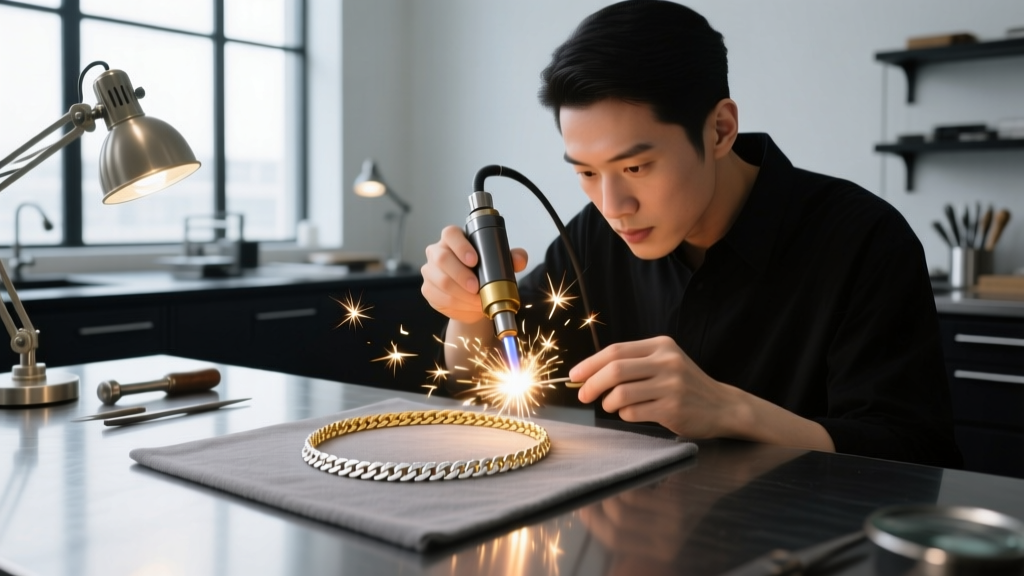 Jeweler using a laser welder to repair a delicate 18k white gold wheat chain necklace, bright sparks illuminating the workbench