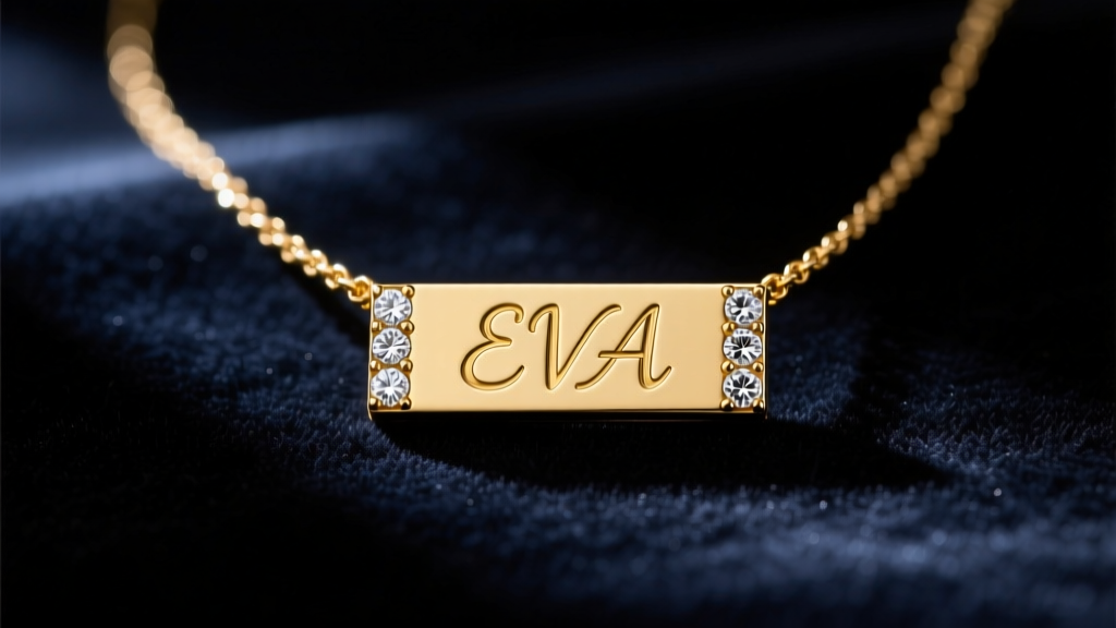 Custom 14k gold diamond nameplate necklace spelling a short name, resting on dark velvet under dramatic, moody studio lighting.