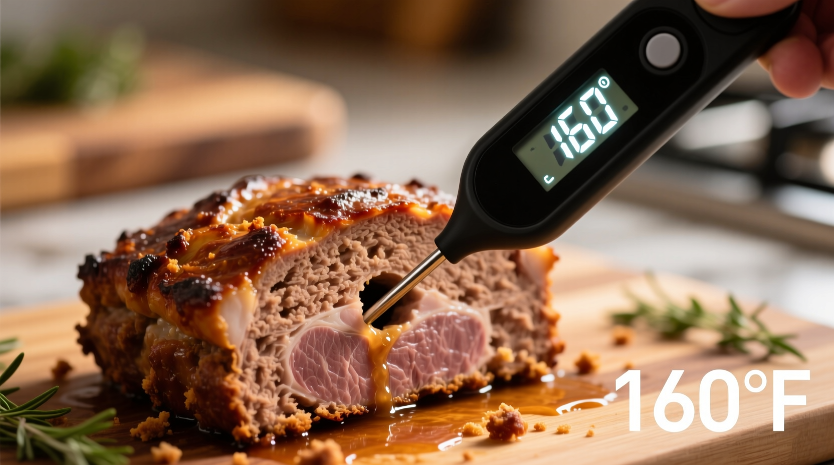 Digital thermometer showing 160 degrees in meatloaf center