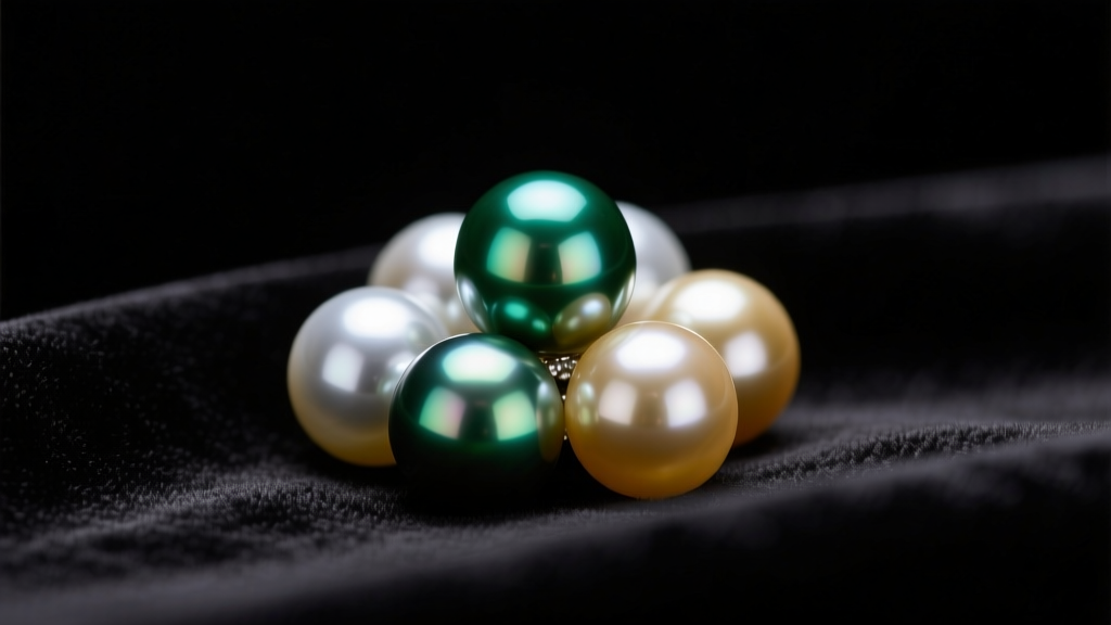Macro shot of pearls showing peacock green, silver, and gold overtones resting on dark velvet fabric under soft studio lighting