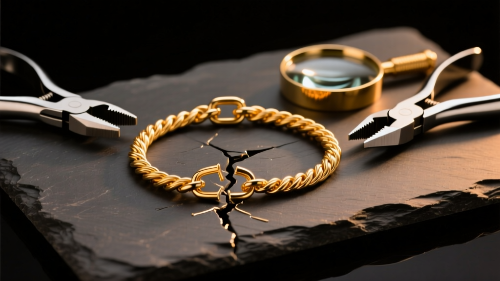 Broken 18k gold cable chain on dark slate, flanked by professional jewelry pliers and a loupe under warm studio lighting.