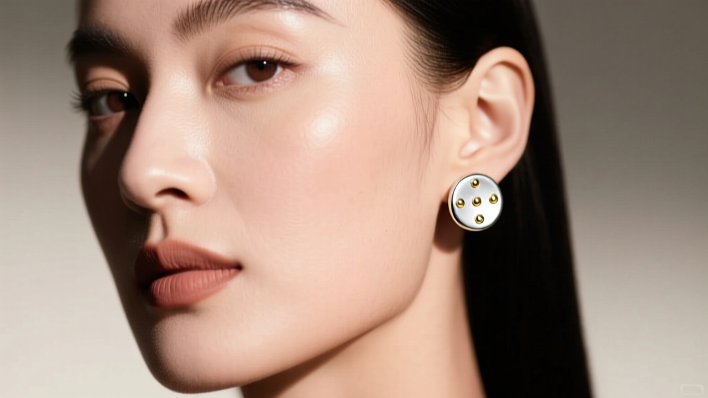 Close-up of a woman wearing medium John Hardy dot stud earrings in sterling silver with gold accents and soft natural lighting.