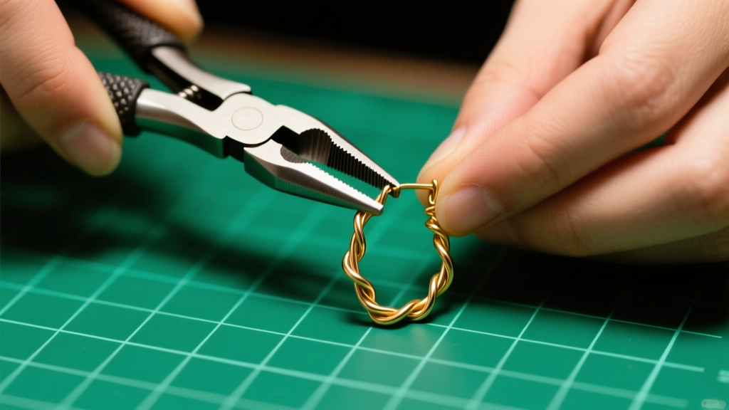 Jeweler hands using nylon-jaw pliers to gently reshape a bent 20-gauge brass vine earring against a green cutting mat