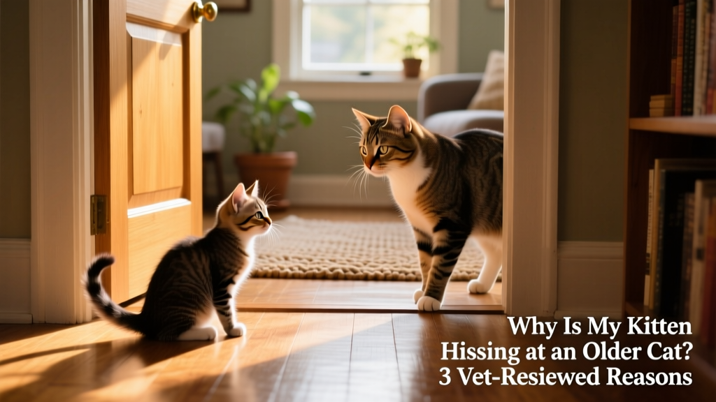 Two cats cautiously observing each other from opposite sides of a doorway