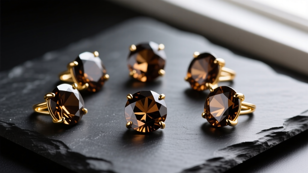 Macro shot of 6mm faceted smoky quartz studs in 14k gold prong settings on dark slate, highlighting brown inclusions.