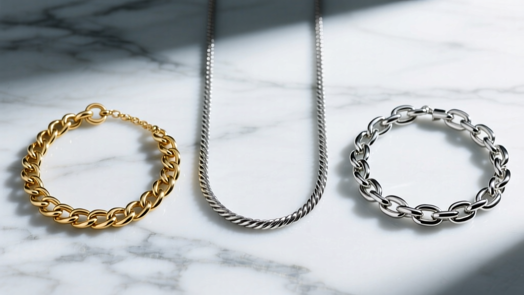 Flat lay of three mood necklaces on marble showing a brass chain, a stainless steel rope chain, and a sterling silver box chain.