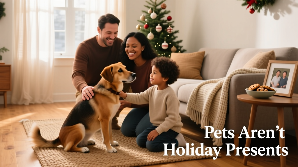 A calm, joyful moment of a family gently introducing their new dog in a quiet living room during the holidays