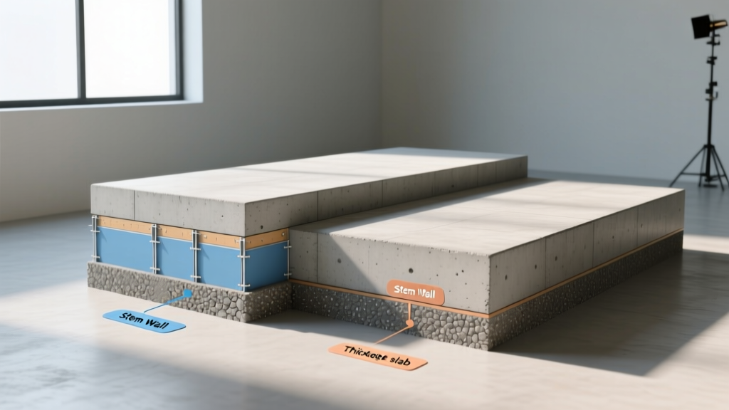 Architectural cross-section comparing a concrete stem wall perimeter foundation against a thickened-edge monolithic slab-on-grade foundation