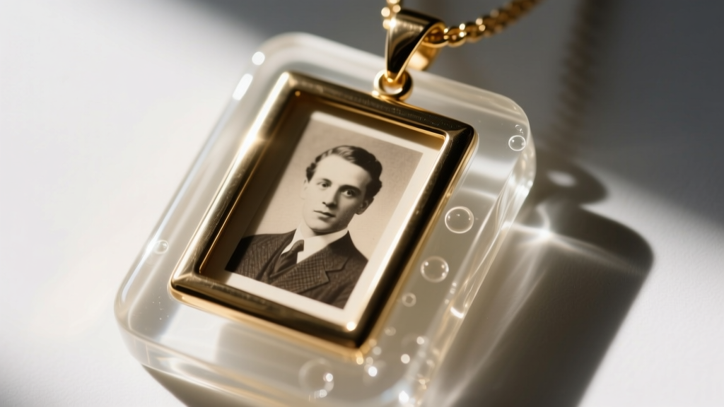Macro view of clear epoxy resin over a vintage photo inside a brass picture necklace bezel, highlighting flawless edge adhesion.