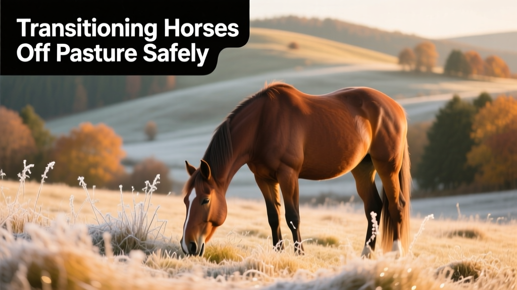 Horse grazing on autumn pasture with frost-dusted grass