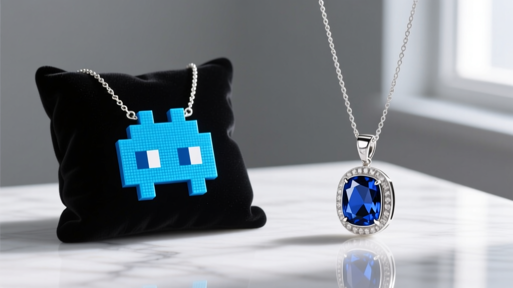 Side-by-side of a pixelated blue game sprite necklace and a real sterling silver sapphire pendant on a jeweler