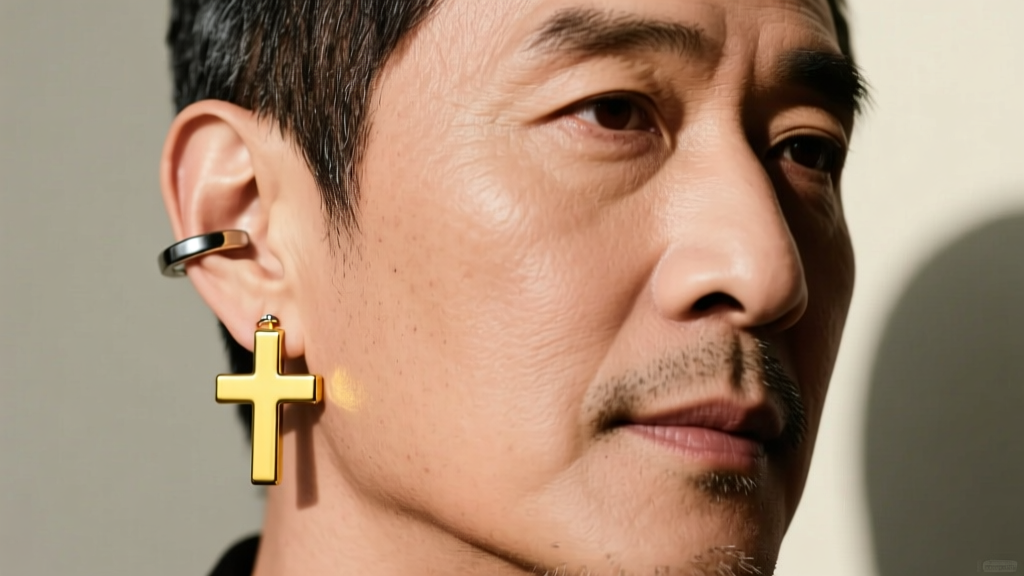 Profile of a man wearing a polished 14k yellow gold cross earring in his lower lobe, contrasting with a titanium cartilage hoop