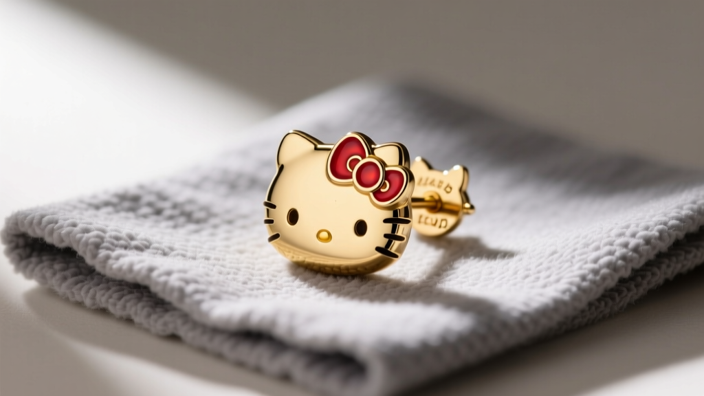 Macro shot of a 14k solid gold Hello Kitty stud earring with red vitreous enamel bow, resting on a gray microfiber cleaning cloth.