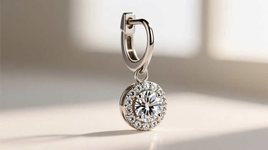 Macro shot of a leverback closure on a platinum round diamond dangle earring, highlighting the hinged snap and 18-gauge wire post