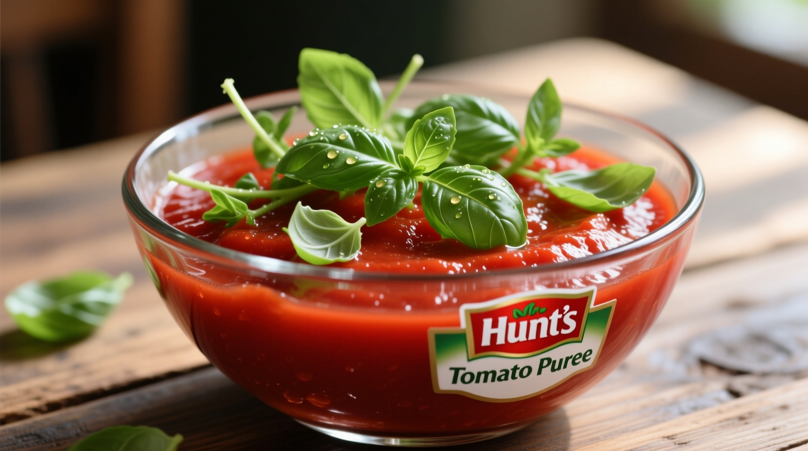 Hunt's tomato puree in glass bowl with fresh basil