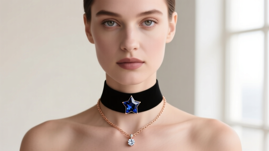 Portrait of woman wearing a black star sapphire choker layered with a rose gold chain and a small diamond solitaire pendant.
