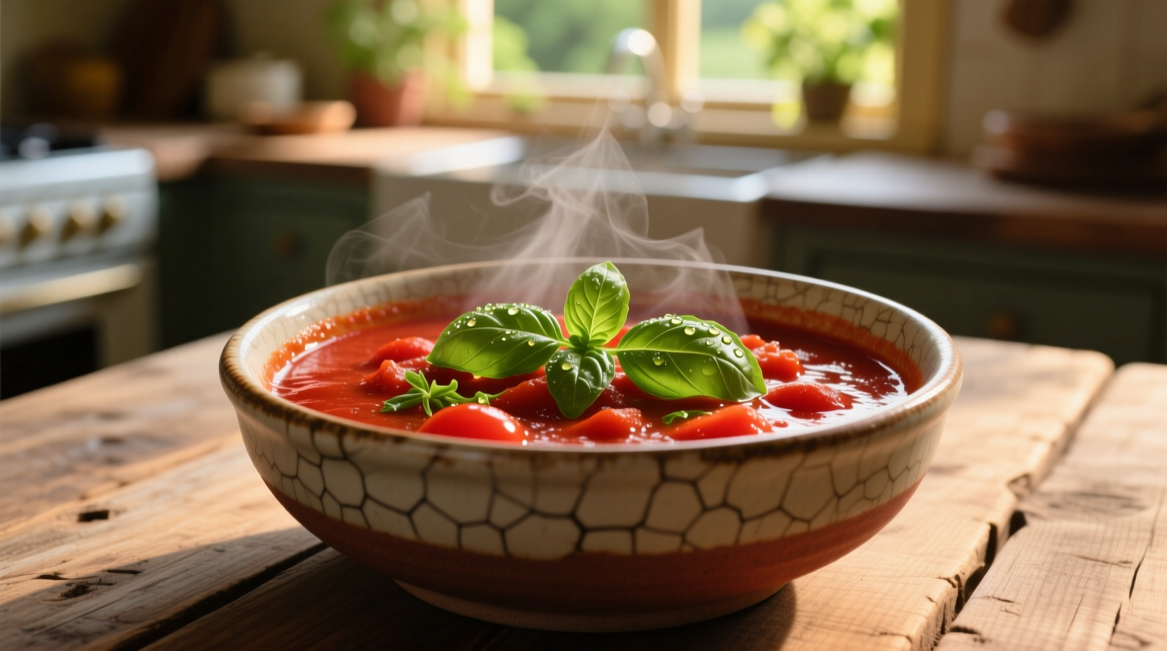 Rich red tomato stew in ceramic bowl with basil garnish