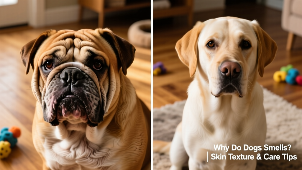 Side-by-side comparison showing a wrinkled breed (like a Bulldog) and a smooth-coated breed (like a Labrador), highlighting skin texture differences