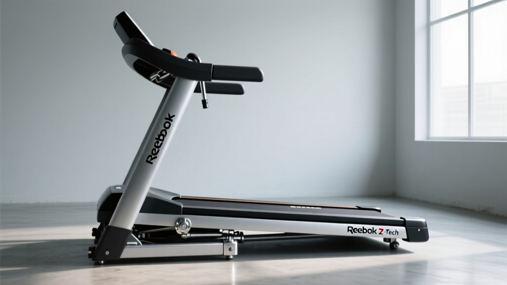 Side profile showing the hydraulic folding mechanism of the Reebok Z-Tech treadmill being lowered to the floor