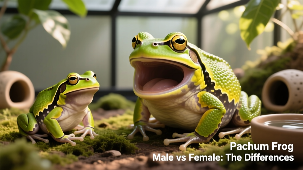 Side-by-side comparison of a male and female Pacman frog showing size difference and subtle physical distinctions