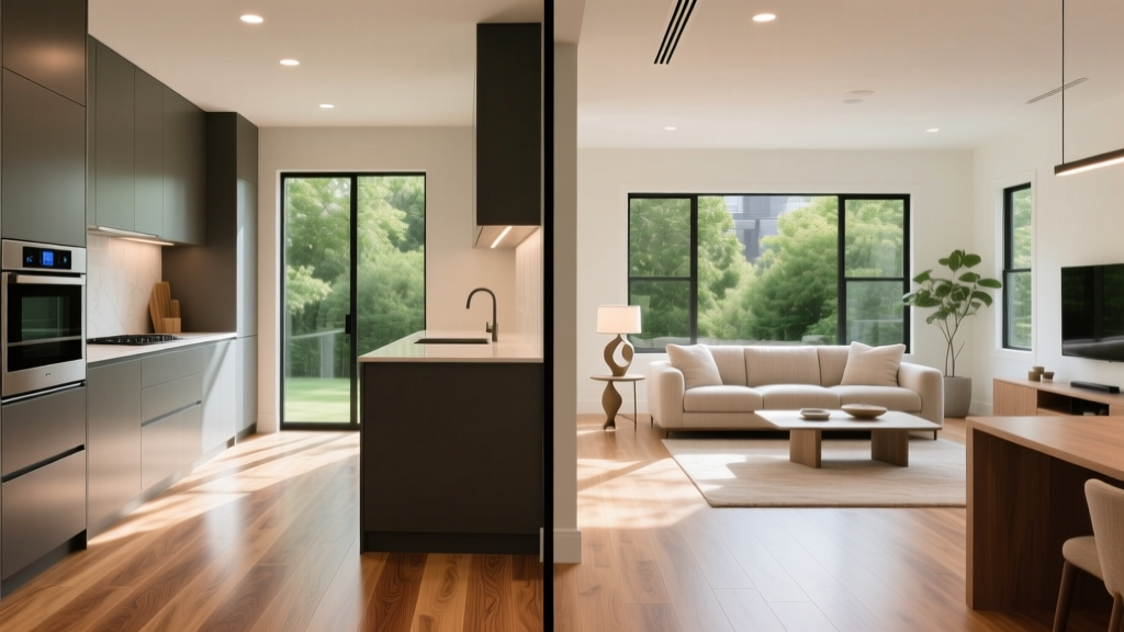 Split-view interior showing luxury vinyl plank in a kitchen transitioning into engineered white oak hardwood in a bright living room