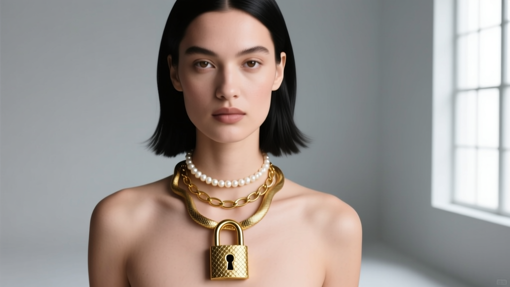 Model wearing a layered necklace stack with a chunky gold padlock charm, a 14-inch pearl choker, and a 20-inch gold snake chain.