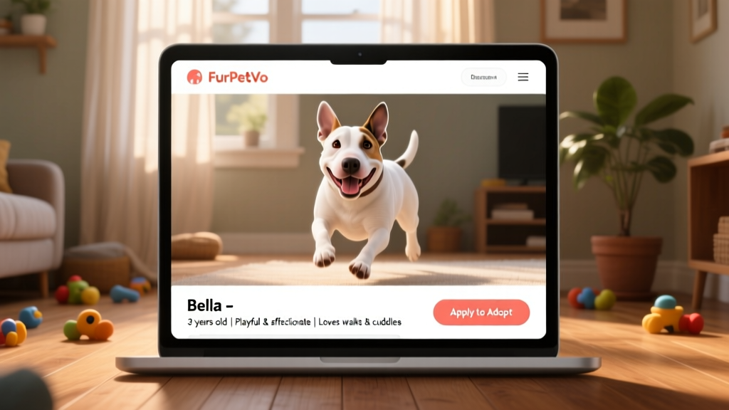 Screenshot-style mockup of a FurPetVo dog profile page showing photos, bio section, and 'Apply to Adopt' button