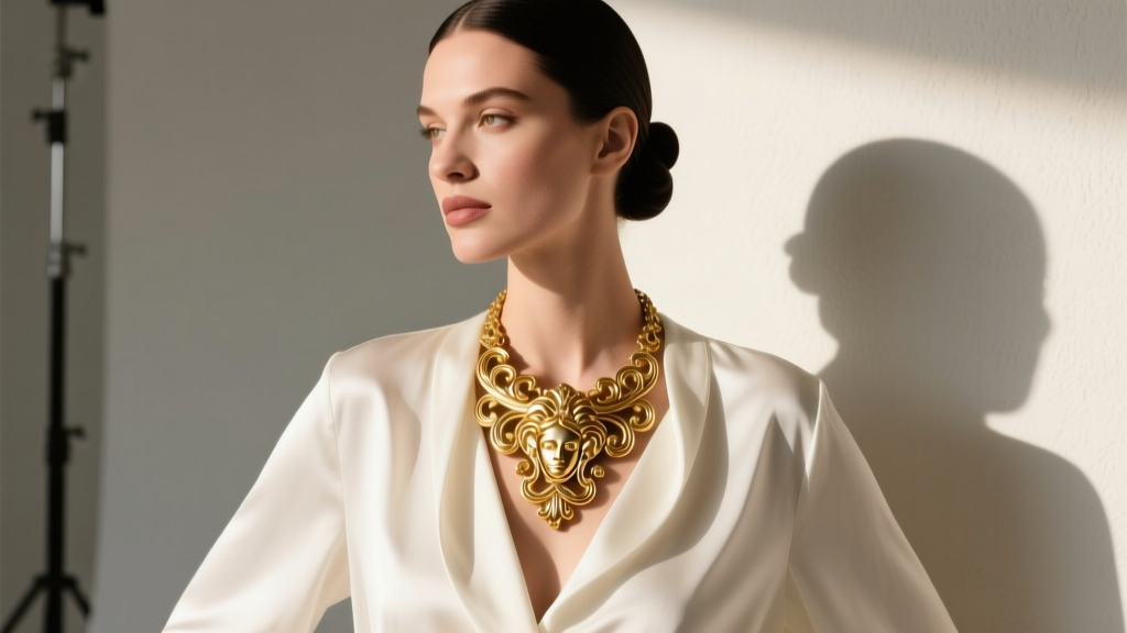 Woman wearing a layered Versace gold Barocco pendant over a white silk blouse, showcasing maximalist styling in an editorial shot