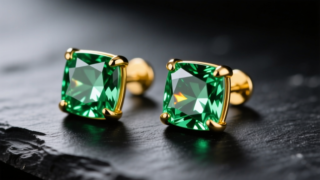 Macro shot of cushion-cut green amethyst prasiolite studs in 14k yellow gold on dark slate, highlighting clarity.