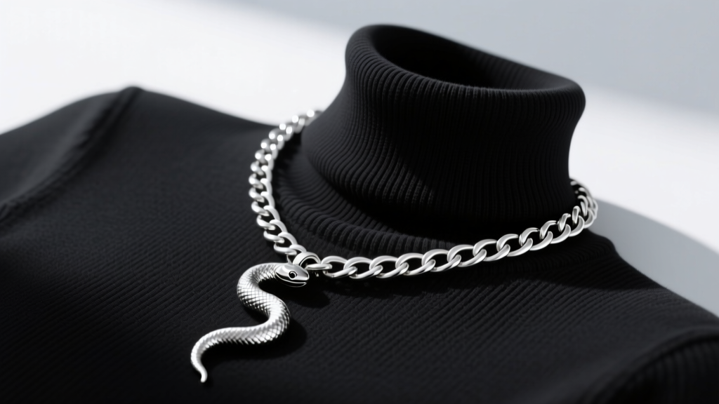 Flat lay of a flexible silver snake chain collar holding a sculptural curve beside a black turtleneck sweater in soft daylight.