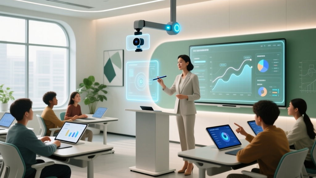 A modern 2026 classroom setup featuring a teacher using an AI-tracking webcam and a digital smart pen while students engage with displays