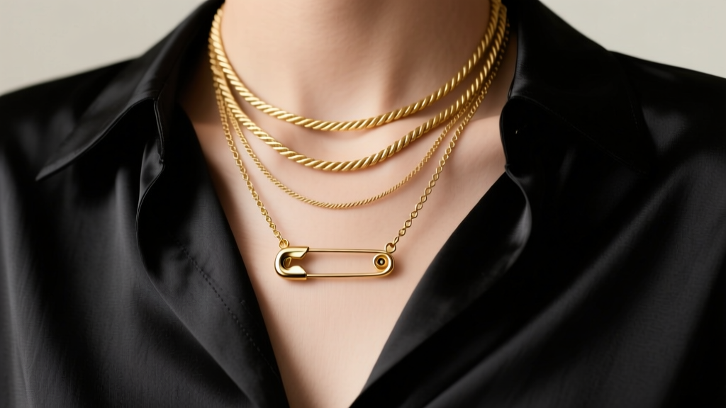 Layering a delicate gold safety pin pendant on a 16-inch cable chain with an 18-inch rope chain, worn over a black silk blouse.