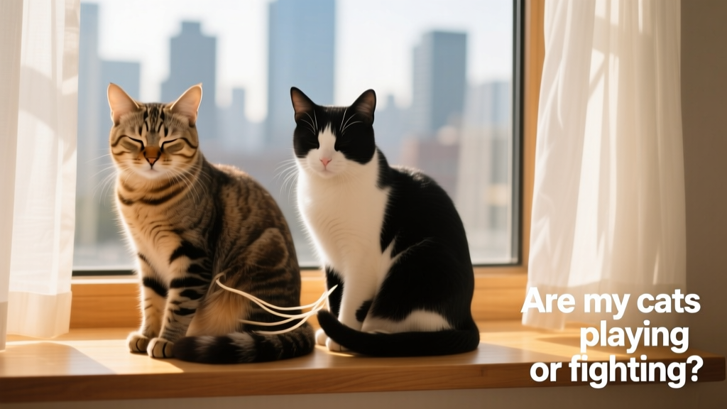 Two cats sitting side by side on a sunlit windowsill, both relaxed with half-closed eyes and gently intertwined tails