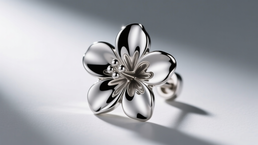 Macro close-up of a hibiscus-shaped earring post made from ASTM F136 implant-grade titanium, highlighting the smooth mirror polish.