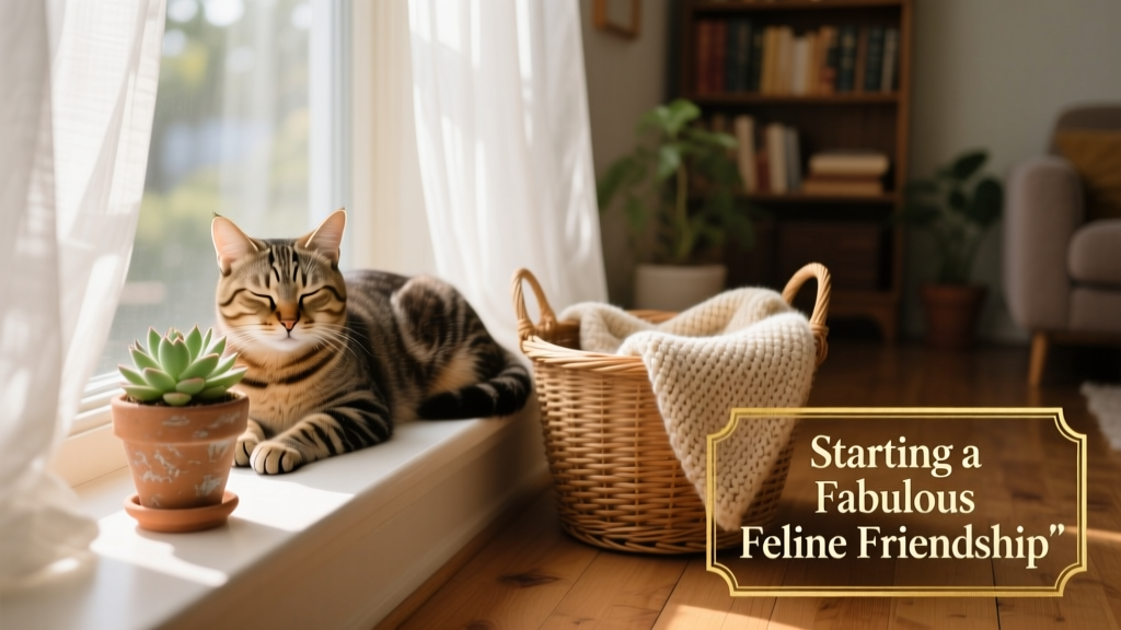 an indoor cat resting peacefully on a sunlit windowsill beside a small plant and woven basket