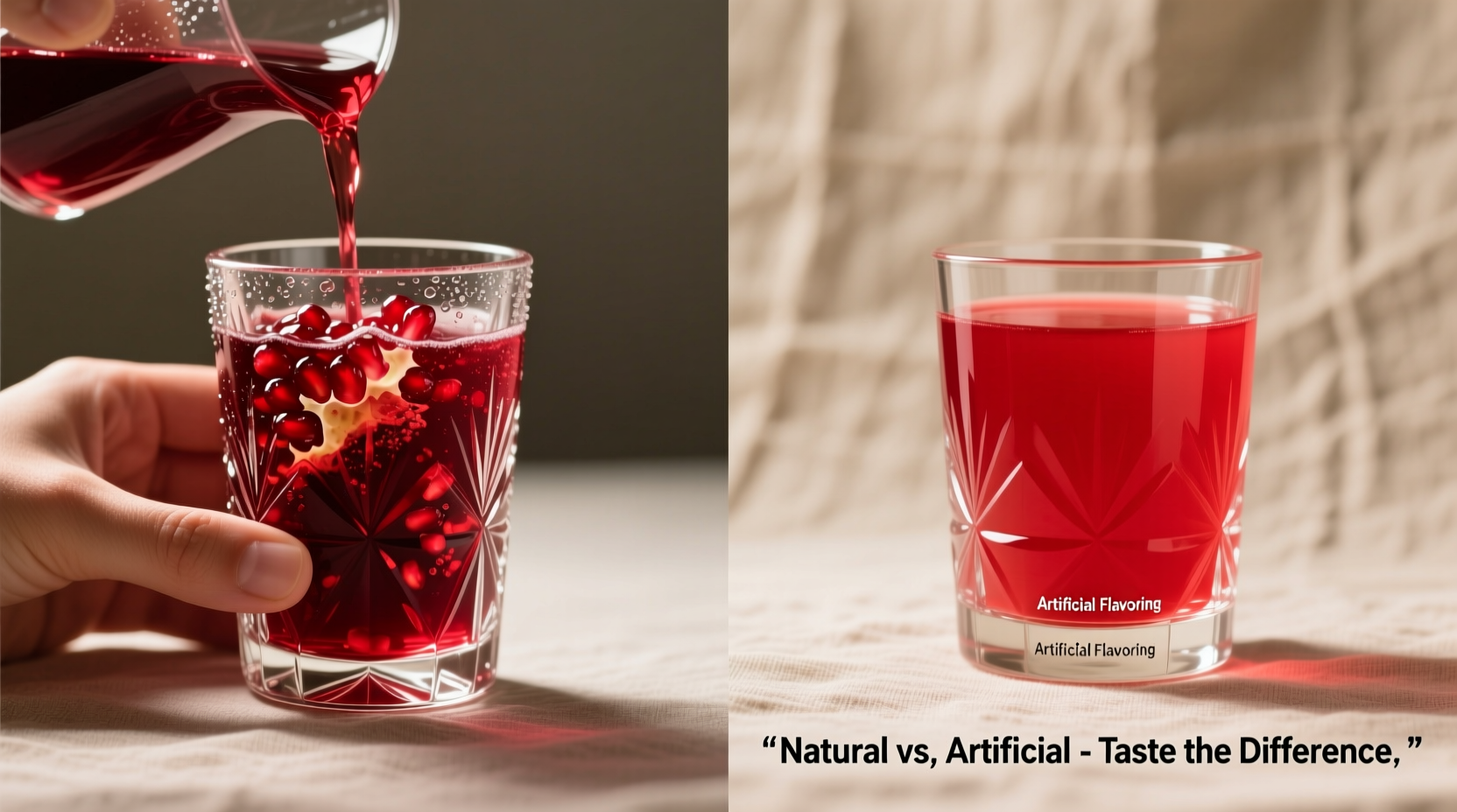 Authentic pomegranate grenadine next to commercial artificial version