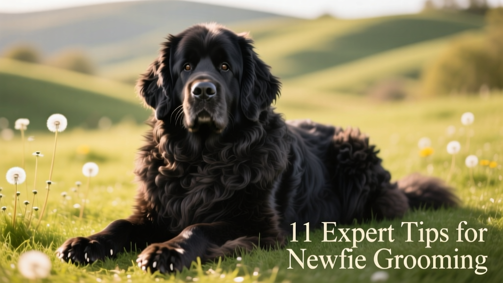 A calm, well-groomed Newfoundland sitting on a grassy lawn, showing its thick, wavy black coat