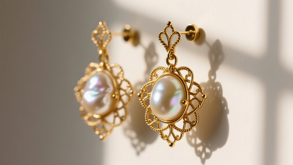 Close-up of unsigned Miriam Haskell clip-on earrings with intricate brass wirework, faux baroque pearls, and a rich Russian gold finish.