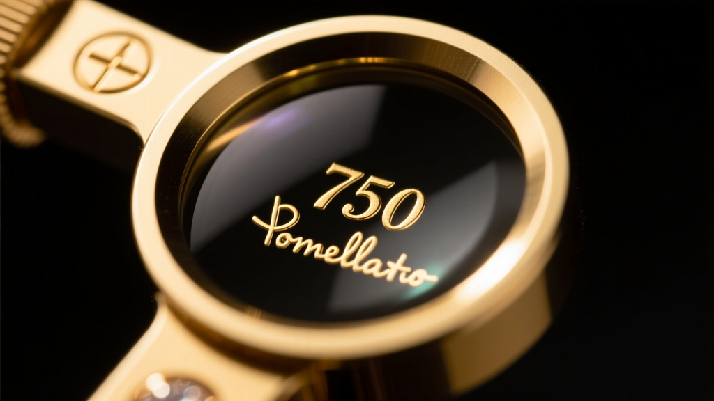 Extreme close-up of a jewelry loupe examining the 750 gold hallmark and Pomellato maker's mark engraved on a rolo chain clasp