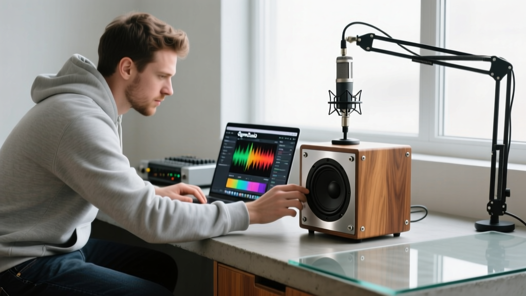 A modder using a calibrated measurement microphone and laptop running SigmaStudio software to tune a custom upcycled Bluetooth speaker