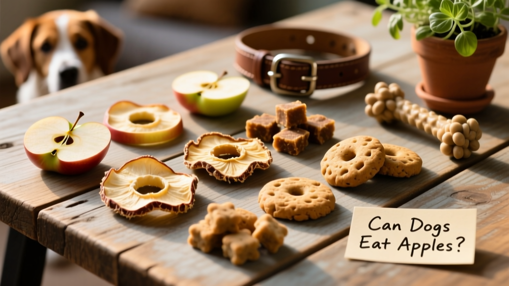 A variety of safe, apple-based dog treats arranged neatly on a wooden surface