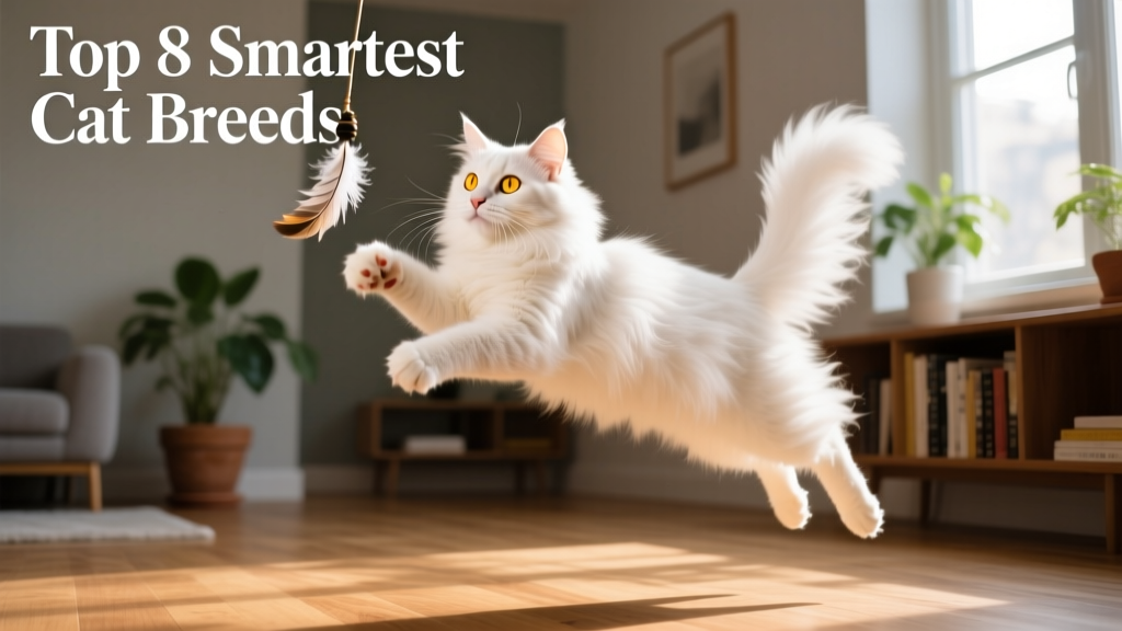 An elegant Turkish Angora cat with silky white fur and bright, alert eyes mid-leap toward a dangling toy